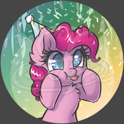 Size: 400x400 | Tagged: safe, artist:sapphfyr, imported from derpibooru, pinkie pie, earth pony, pony, button, button design, colored pupils, female, hat, party hat, smiling, solo, squishy cheeks, tongue out, watermark