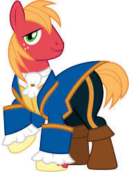 Size: 1001x1339 | Tagged: safe, artist:cloudy glow, artist:cloudyglow, imported from derpibooru, big macintosh, pony, beauty and the beast, clothes, clothes swap, cosplay, costume, crossover, disney, male, prince, raised hoof, simple background, solo, transparent background