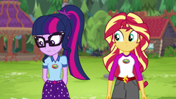 Size: 1280x720 | Tagged: safe, imported from derpibooru, screencap, sci-twi, sunset shimmer, twilight sparkle, equestria girls, legend of everfree, camp everfree outfits, clothes, gazebo, glasses, hands behind back, lip bite, shorts, worried