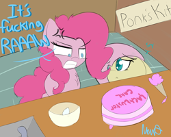 Size: 1280x1024 | Tagged: safe, artist:nevaylin, imported from derpibooru, fluttershy, pinkie pie, earth pony, pegasus, pony, angry, cake, cross-popping veins, food, frosting, gordon ramsay, vulgar