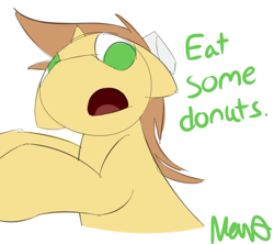 Size: 1000x889 | Tagged: safe, artist:nevaylin, imported from derpibooru, donut joe, pony, unicorn, dialogue, male, open mouth, simple background, solo, white background