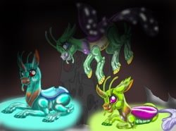 Size: 708x528 | Tagged: safe, artist:mlplover1987, imported from derpibooru, cornicle, lokiax, changedling, changeling, background changeling, dark background, digital art, frenulum (g4), trio