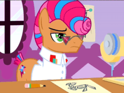 Size: 450x338 | Tagged: safe, imported from derpibooru, screencap, starstreak, earth pony, pony, honest apple, animated, clothes, cropped, gif, glasses, male, mouth hold, paper, pencil, shirt, solo, stallion