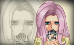 Size: 3600x2200 | Tagged: safe, artist:flutterbooty, artist:leonkennedy141, imported from derpibooru, fluttershy, human, female, humanized, looking at you, microphone, nail polish, singing, solo, zoom layer