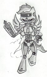 Size: 588x964 | Tagged: safe, artist:kuroneko, imported from derpibooru, rainbow dash, robot, semi-anthro, .mov, female, grayscale, gun, jetpack, machine, monochrome, r-dash 5000, solo, terminator, traditional art, weapon