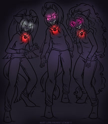 Size: 1042x1200 | Tagged: safe, artist:kaemantis, imported from derpibooru, adagio dazzle, aria blaze, sonata dusk, anthro, unguligrade anthro, equestria girls, clothes, fangs, female, glowing eyes, imminent death, jewelry, kitchen eyes, looking at you, mare, pants, pendant, sirens doing siren things, sweater, the dazzlings, this will end in death, trio