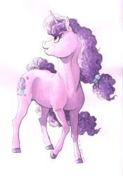 Size: 1397x2000 | Tagged: safe, artist:lady-limule, imported from derpibooru, sugar belle, pony, unicorn, colored hooves, female, looking back, mare, solo, traditional art, watercolor painting