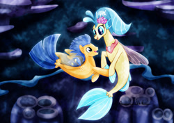 Size: 1600x1131 | Tagged: safe, artist:jucamovi1992, imported from derpibooru, flash sentry, princess skystar, seapony (g4), my little pony: the movie, duo, seaponified, seapony flash sentry, smiling, species swap, underwater