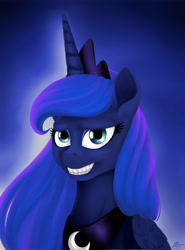 Size: 5000x6742 | Tagged: safe, artist:poecillia-gracilis19, imported from derpibooru, princess luna, alicorn, pony, a royal problem, absurd resolution, crown, fake smile, female, grin, hide the pain harold, jewelry, looking at you, mare, regalia, smiling, solo
