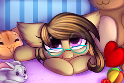 Size: 2400x1600 | Tagged: safe, artist:gicme, imported from derpibooru, oc, oc only, oc:dawnsong, earth pony, pony, colored pupils, cute, ear fluff, female, filly, glasses, happy, heart eyes, hnnng, looking at you, mare, plushie, smiling, solo, toy, wingding eyes