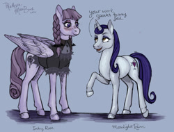 Size: 2000x1518 | Tagged: safe, artist:phathusa, imported from derpibooru, inky rose, moonlight raven, pegasus, pony, unicorn, honest apple, blushing, clothes, female, inkyraven, lesbian, mare, shipping, simple background, smiling