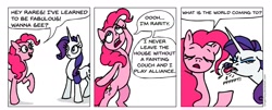 Size: 1619x655 | Tagged: safe, artist:gingerfoxy, imported from derpibooru, pinkie pie, rarity, earth pony, pony, unicorn, pony comic generator, comic, imitation, mocking, onomatopoeia, rarity is not amused, raspberry, raspberry noise, tongue out, warcraft, world of warcraft