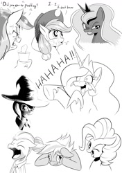 Size: 1071x1517 | Tagged: safe, artist:phoenixperegrine, imported from derpibooru, applejack, cloudchaser, pinkie pie, princess celestia, princess luna, rainbow dash, trixie, zephyr breeze, pony, unicorn, blatant lies, blushing, crying, expressions, faic, female, floppy ears, food, grayscale, grin, laughing, liarjack, mare, monochrome, one eye closed, open mouth, pudding, simple background, smiling, tongue out, whistling, wink