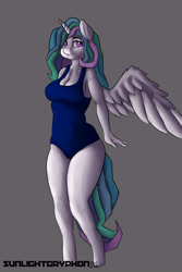 Size: 4000x6000 | Tagged: safe, artist:sunlightgryphon, imported from derpibooru, princess celestia, alicorn, anthro, unguligrade anthro, absurd resolution, breasts, busty princess celestia, clothes, female, gray background, one-piece swimsuit, simple background, solo, spread wings, swimsuit, wings