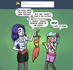 Size: 1200x1150 | Tagged: safe, artist:rawrienstein, imported from derpibooru, coco pommel, rarity, equestria girls, ask, blushing, clothes, dress, equestria girls-ified, tumblr