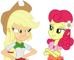 Size: 1244x1001 | Tagged: safe, artist:cloudy glow, artist:cloudyglow, imported from derpibooru, applejack, strawberry sunrise, equestria girls, honest apple, clothes, cowboy hat, duo, duo female, equestria girls interpretation, equestria girls-ified, female, freckles, hat, lidded eyes, scene interpretation, simple background, smiling, smug, stetson, strawberry savage, transparent background, unamused