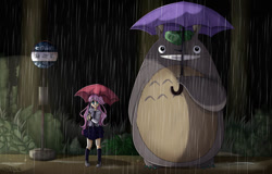 Size: 1097x700 | Tagged: safe, artist:clefficia, imported from derpibooru, angel bunny, fluttershy, human, bus stop, crossover, humanized, my neighbor totoro, parody, rain, totoro, umbrella