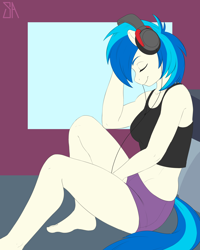 Size: 2400x3000 | Tagged: safe, artist:souladdicted, imported from derpibooru, dj pon-3, vinyl scratch, anthro, plantigrade anthro, unicorn, barefoot, bed, breasts, clothes, eyes closed, feet, female, headphones, mare, midriff, relaxing, request, requested art, shorts, smiling, solo, tanktop