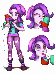 Size: 2893x3800 | Tagged: safe, artist:gabbslines, imported from derpibooru, starlight glimmer, equestria girls, mirror magic, spoiler:eqg specials, beanie, bust, clothes, dropped ice cream, eyes closed, female, food, hat, ice cream, licking, shirt, simple background, solo, that human sure does love ice cream, tongue out, vest
