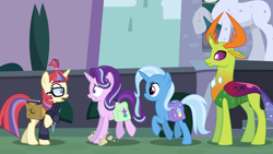 Size: 6400x3600 | Tagged: safe, artist:osipush, imported from derpibooru, moondancer, starlight glimmer, thorax, trixie, changedling, changeling, pony, unicorn, absurd resolution, clothes, female, glasses, group, king thorax, looking at each other, mare, statue, story in the source