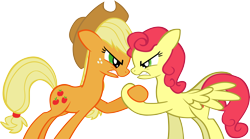 Size: 6452x3599 | Tagged: safe, artist:ironm17, imported from derpibooru, applejack, strawberry sunrise, earth pony, pegasus, pony, honest apple, absurd resolution, angry, arm wrestling, hoofwrestle, looking at each other, simple background, transparent background, vector