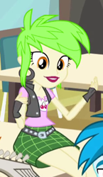 Size: 235x406 | Tagged: safe, imported from derpibooru, screencap, cherry crash, equestria girls, equestria girls (movie), belt, clothes, cropped, ear piercing, earring, female, fingerless gloves, gloves, jewelry, piercing, skirt, solo focus