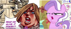 Size: 3177x1334 | Tagged: safe, imported from derpibooru, screencap, diamond tiara, earth pony, pony, crusaders of the lost mark, arin hanson face, comparison, funny valentine, gun, image macro, jojo's bizarre adventure, meme, possible reference, president, shotgun, steel ball run, weapon