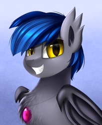 Size: 1446x1764 | Tagged: safe, artist:pridark, imported from derpibooru, oc, oc only, oc:styxus, bat pony, pony, bust, commission, fangs, gem, grin, jewelry, looking at you, male, necklace, night guard, portrait, royal guard, slit eyes, slit pupils, smiling, solo, stallion