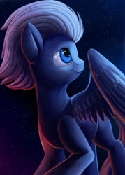 Size: 895x1250 | Tagged: safe, artist:camyllea, imported from derpibooru, night glider, pegasus, pony, female, looking at something, looking back, mare, night, smiling, solo, starry night, stars