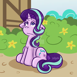 Size: 1024x1024 | Tagged: safe, artist:yoshimarsart, imported from derpibooru, starlight glimmer, pony, female, floppy ears, looking up, sitting, solo, watermark, wavy mouth