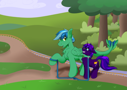 Size: 3035x2149 | Tagged: source needed, safe, artist:kassc, imported from derpibooru, oc, oc only, oc:tihan, oc:zuthal, monster pony, original species, tatzlpony, unicorn, collar, cute, female, leash, male, pet play, shipping, size difference, straight, tree, zuhan
