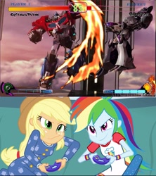Size: 911x1024 | Tagged: safe, imported from derpibooru, applejack, rainbow dash, equestria girls, rainbow rocks, beast hunters, comparison, megatron, optimus prime, shoryuken, street fighter, transformers, transformers prime, video game