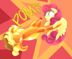 Size: 2080x1690 | Tagged: safe, artist:siggie740, imported from derpibooru, applejack, strawberry sunrise, earth pony, pegasus, pony, honest apple, abstract background, abuse, angry, cowboy hat, derp, duo, female, food, glowing eyes, hat, justice, kicking, mare, ouch, pomf, stetson, strawberrabuse, strawberry, tongue out