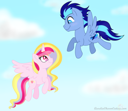 Size: 4686x4069 | Tagged: safe, artist:raspberrystudios, imported from derpibooru, oc, oc only, oc:aurelia charm, oc:jetstream, oc:jetstream (jetstream75), alicorn, pony, absurd resolution, alicorn oc, auream, cloud, commission, flight, flying, friendship, happy, male, sky, smiling, solo, stallion