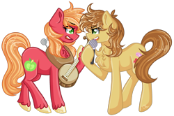 Size: 1888x1256 | Tagged: safe, artist:sketchyhowl, imported from derpibooru, big macintosh, feather bangs, pony, hard to say anything, banjo, chest fluff, female, macareina, microphone, musical instrument, rule 63, simple background, singing, transparent background