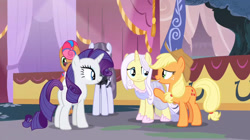 Size: 847x473 | Tagged: safe, imported from derpibooru, screencap, applejack, inky rose, lily lace, rarity, starstreak, pony, honest apple