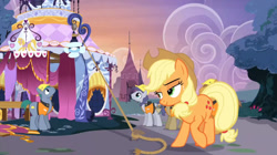 Size: 847x473 | Tagged: safe, imported from derpibooru, screencap, applejack, hard hat (character), jack hammer, rivet, steam roller (character), steam roller (g4), earth pony, pony, honest apple, carousel boutique, female, hard hat (g4), male, mare, rope, stallion