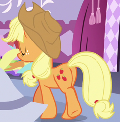 Size: 423x432 | Tagged: safe, imported from derpibooru, screencap, applejack, earth pony, pony, honest apple, butt, cropped, eyes closed, female, freckles, mare, plot, solo