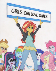 Size: 720x914 | Tagged: safe, artist:manly man, imported from derpibooru, applejack, fluttershy, pinkie pie, rainbow dash, rarity, sci-twi, sunset shimmer, twilight sparkle, equestria girls, colored pencil drawing, exploitable meme, female, feminism, feminist ponies, happy, humane five, humane seven, humane six, lesbian, lgbt, meme, mouthpiece, politics, sign, simple background, sunset's board, traditional art, white background