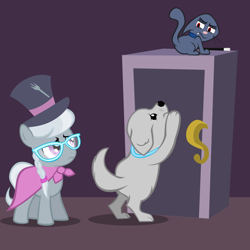 Size: 800x800 | Tagged: safe, artist:magerblutooth, imported from derpibooru, silver spoon, oc, oc:dazzle, oc:imperius, cat, dog, pony, comic:diamond and dazzle, cape, clothes, door, fork, magic, magic wand