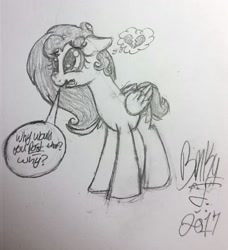 Size: 1759x1929 | Tagged: safe, artist:binkyt11, derpibooru exclusive, imported from derpibooru, oc, oc only, oc:duck badge, pegasus, pony, derpibooru, crying, derpibooru ponified, female, floppy ears, heartbreak, mare, meta, monochrome, pictogram, ponified, signature, sketch, solo, speech bubble, teary eyes, thought bubble, traditional art, wavy mouth, why would you post that