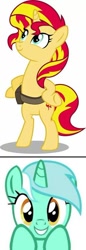 Size: 288x837 | Tagged: safe, imported from derpibooru, lyra heartstrings, sunset shimmer, equestria girls, mirror magic, spoiler:eqg specials, humie, meme, smiling