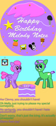 Size: 998x2249 | Tagged: safe, artist:employeeamillion, imported from derpibooru, oc, oc only, oc:clever clop, oc:melody notes, pegasus, pony, unicorn, birthday, food, ice cream, mickey mouse, microphone, pineapple, spongebob squarepants, text