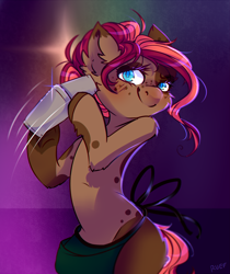 Size: 1940x2311 | Tagged: safe, artist:ruef, imported from derpibooru, oc, oc only, oc:ruef, earth pony, pony, bartender, blue eyes, blushing, female, looking at you, mare, smiling, solo