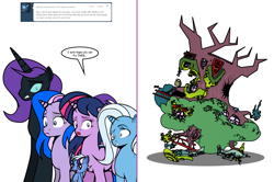 Size: 1204x800 | Tagged: safe, artist:dekomaru, imported from derpibooru, trixie, twilight sparkle, oc, oc:midnight, oc:nebula, oc:nyx, alicorn, pony, unicorn, tumblr:ask twixie, ask, baby, baby pony, colt, female, golden oaks library, lesbian, magical lesbian spawn, male, mare, offspring, older, parent:trixie, parent:twilight sparkle, parents:twixie, shipping, tumblr, twixie, upside down