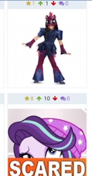 Size: 1169x2239 | Tagged: safe, imported from derpibooru, starlight glimmer, tempest shadow, human, derpibooru, equestria girls, my little pony: the movie, caption, clothes, costume, expand dong, exploitable meme, image macro, irl, irl human, juxtaposition, meme, meta, photo, scared, why.jpg
