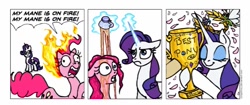 Size: 993x416 | Tagged: safe, artist:gingerfoxy, imported from derpibooru, pinkie pie, rarity, breezie, earth pony, pony, unicorn, pony comic generator, abuse, best pony, comic, fire, food, glowing, glowing horn, horn, magic, pinkiebuse, tea, telekinesis, trophy