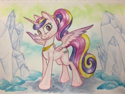 Size: 1024x768 | Tagged: safe, artist:grokostimpy, imported from derpibooru, princess cadance, alicorn, pony, female, looking at you, mare, mother, ponytail, smiling, solo, spread wings, traditional art, wings