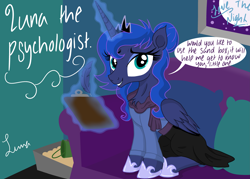 Size: 4823x3445 | Tagged: safe, artist:darkest-lunar-flower, imported from derpibooru, princess luna, alicorn, pony, absurd resolution, chest fluff, clipboard, clothes, couch, dialogue, female, levitation, looking at you, magic, mare, picture frame, psychologist, sandbox, sitting, smiling, solo, telekinesis