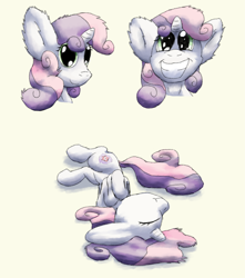 Size: 5123x5788 | Tagged: safe, artist:firefanatic, imported from derpibooru, sweetie belle, pony, unicorn, absurd resolution, alternate cutie mark, behaving like a cat, cute, diasweetes, female, filly, fluffy, impossibly large ears, lying down, on back, solo